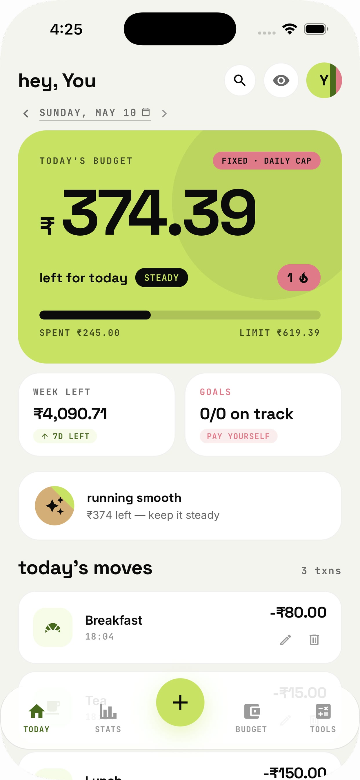 Today screen with daily budget hero